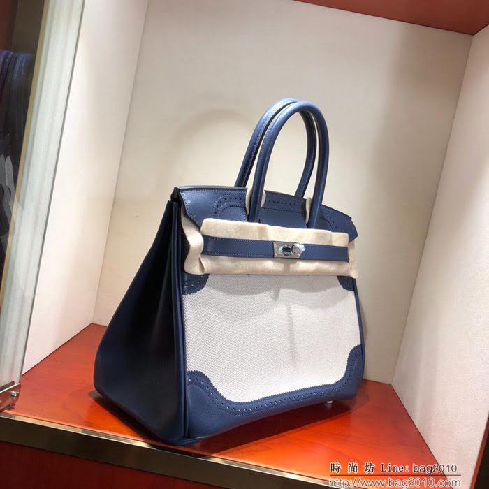 HERMES愛馬仕 鉑金包 Birkin Ghillies 30Cm Swif拼Tc 73 Blue Saphir 寶石藍 銀扣 頂級工藝 手縫蠟線 時尚手提包  Ama1597